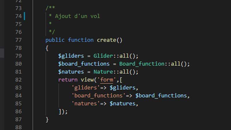 Extrait de code d'un controller dans Laravel